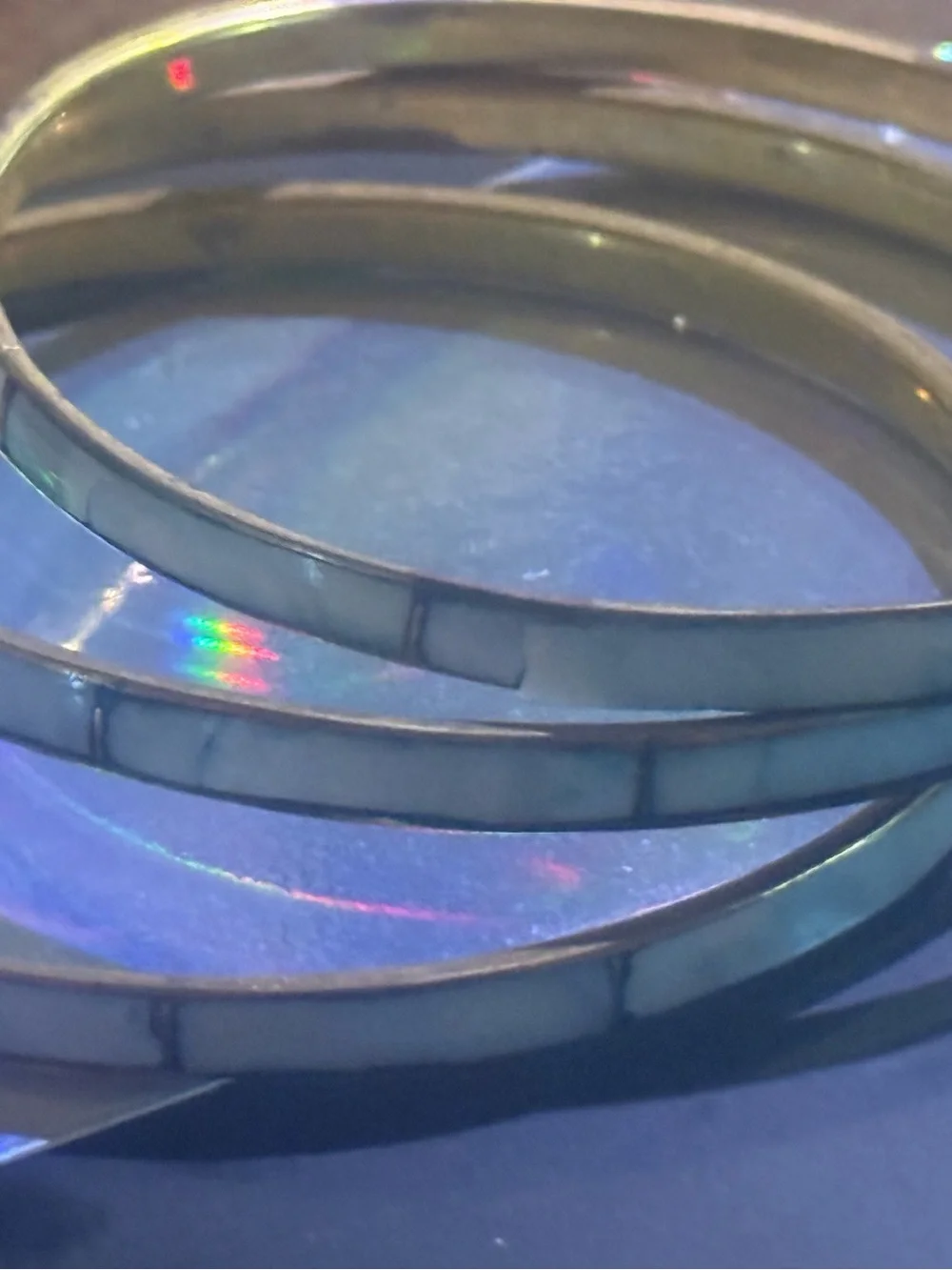 Set Of 3 Vintage Mother of Pearl Inlay Skinny Brass Bangles